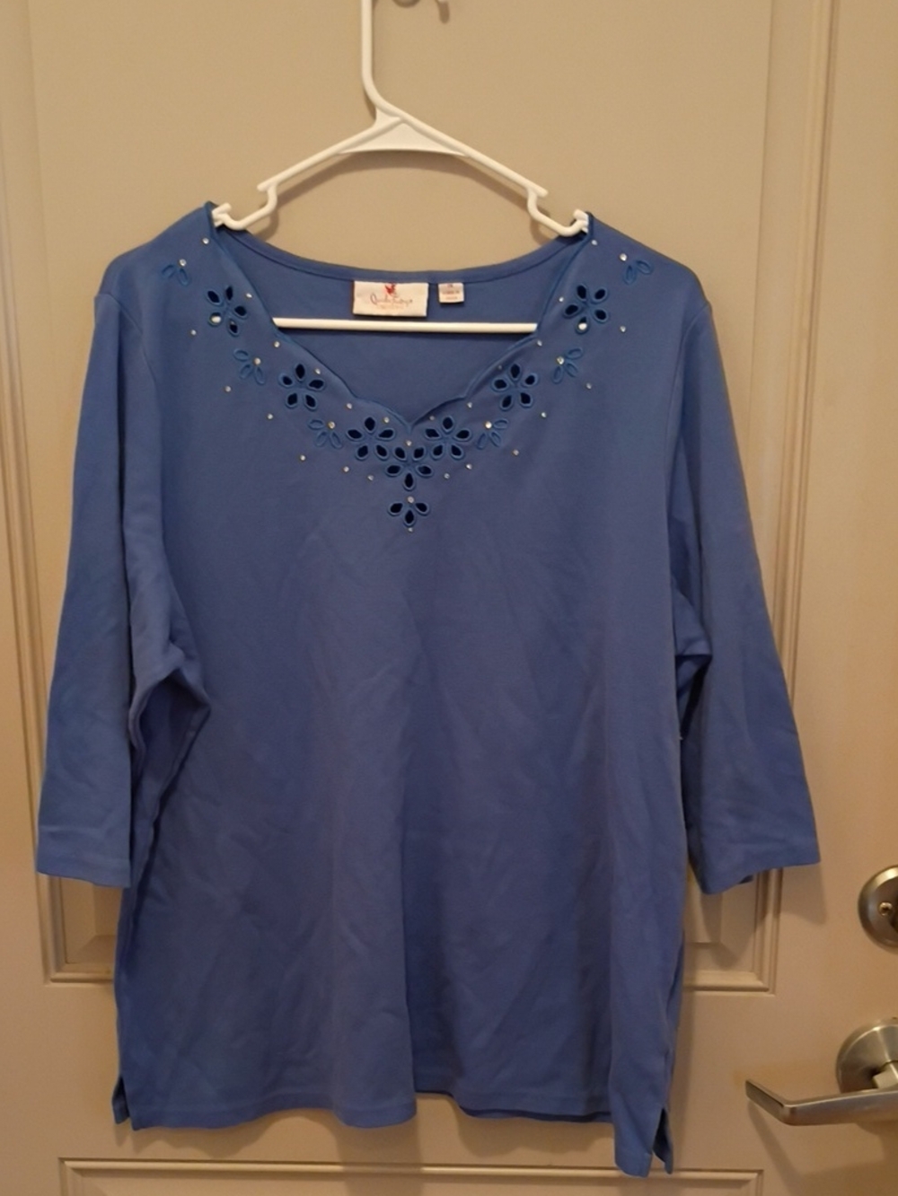 Quaker Factory Women's Blue Eyelet 3/4 Sleeves Blouse Size 1X